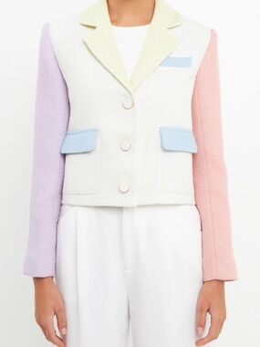 Endless Rose Cream Tweed Cropped Color Block Blazer